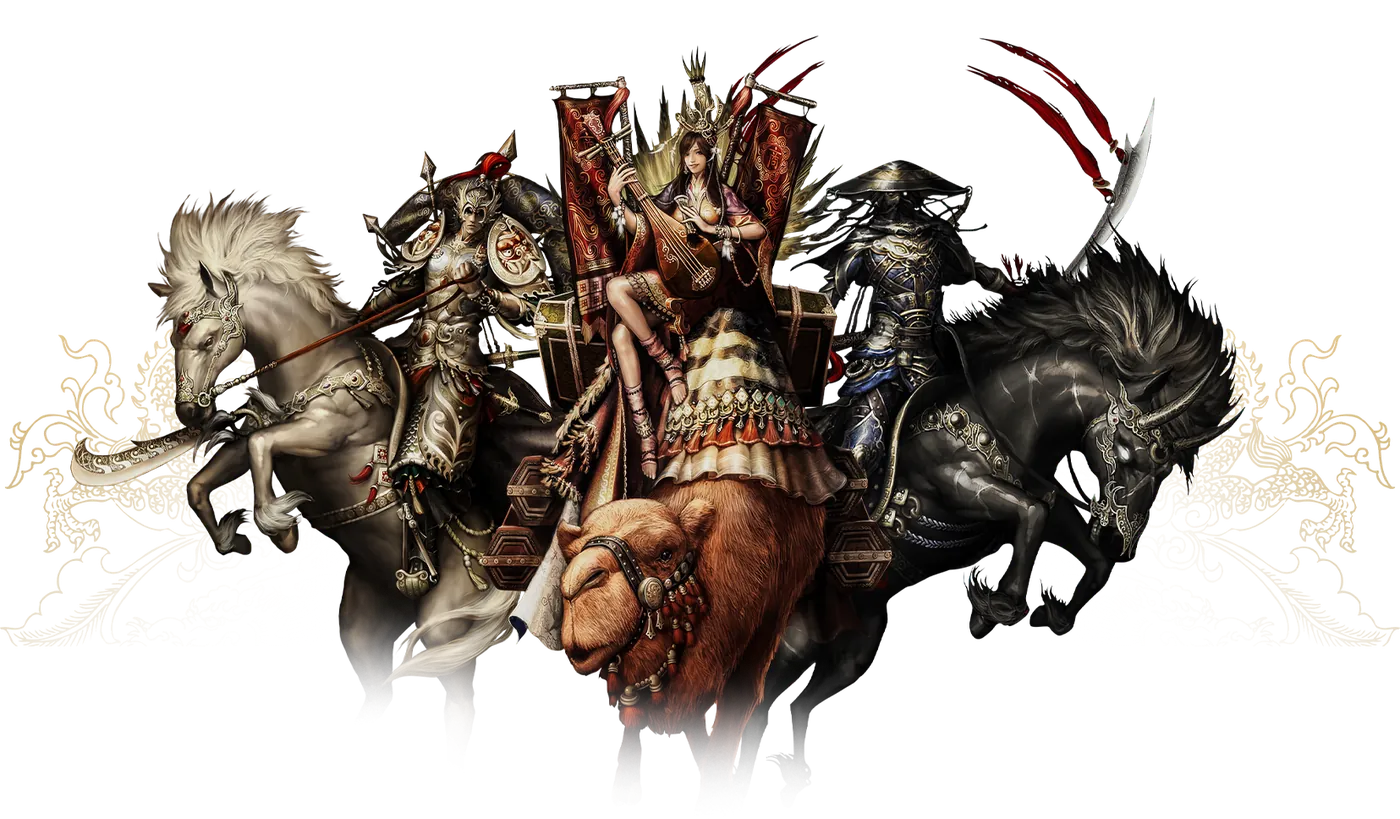 Silkroad Online heroes: Chinese and European warriors on horseback with a merchant on a camel